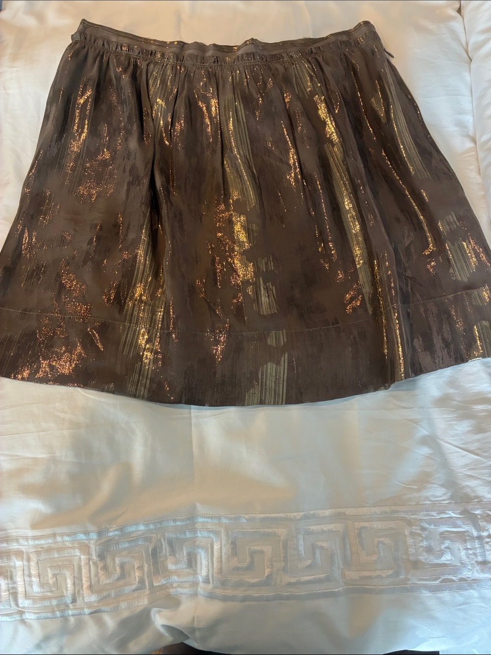 Club Monaco Taupe Silk Mini Skirt with Metallic Gold Sheen